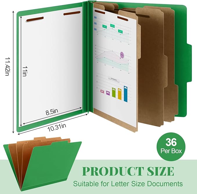 Skyygemm 36 Pcs Classification Folders Letter Size, 3 Divider Pressboard File Folder with Fasteners, Expanding File Organizer Bulk for School Teachers, Office Employee, Coworker, Staff (Green)