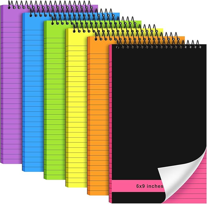 Resurhang 6 Pcs Legal Pad Top Spiral Bound Notebook 70 Sheets Double Sided College Ruled Paper Notepad Memo Steno Pad with Stiff Cover for Business College(6 x 9 Inches,No Holes,Bright Color)