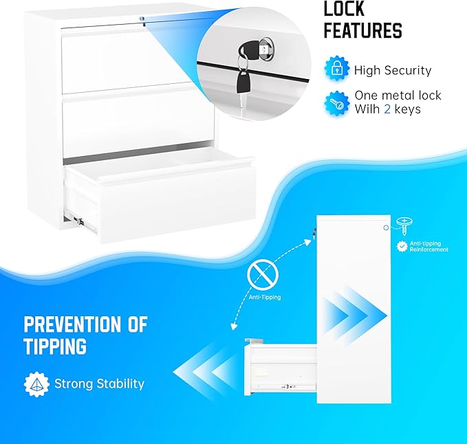 Greenvelly 3 Drawer File Cabinet, Metal Filing Cabinet with Lock, White Lateral File Cabinet for Home Office, Locking File Cabinet for Letter/Legal/F4/A4 Size Hanging Files, Easy Assembly