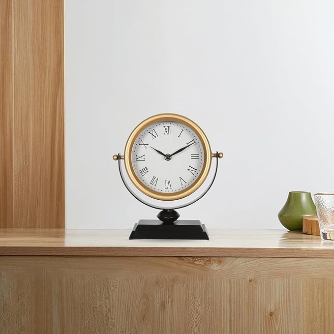 QIYAODECO Desk Clock - Classic Vintage Clock and Decorative Shelf Decor,Silent Non-Ticking Clock with Distressed Metal Frame for Office, Living Room or Bedroom