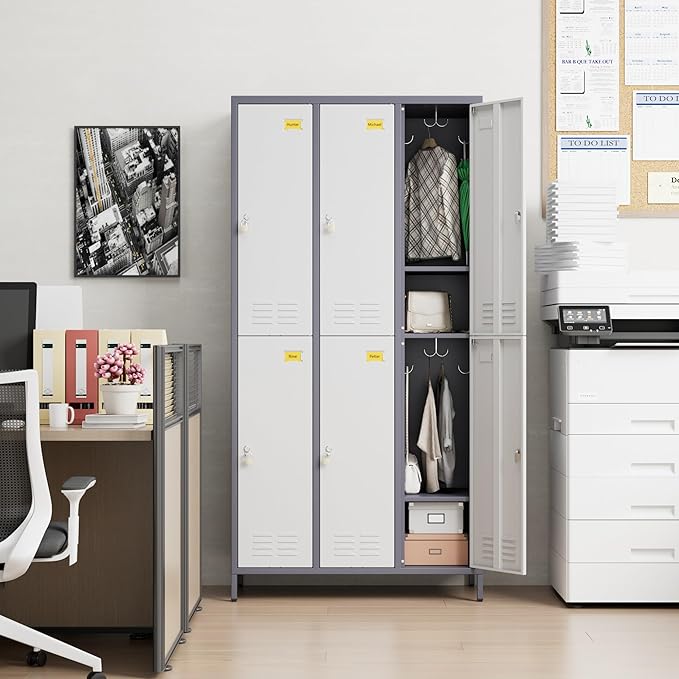SUPEER 6 Doors Metal Locker for Employees with 18 Hooks and Business Card Holder,Metal Locker with Ventilation Holes for School Garage Office Gym Home,Assembly Required,Grey-White