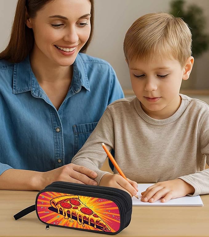 AnySmic Pizza Pencil Case for Boys Girls, Large Durable Pencil Pouch for Kids, Polyester Big Capacity Pen Case Gifts, Double Zipper, Food Single-sided Printed Bag Organizer