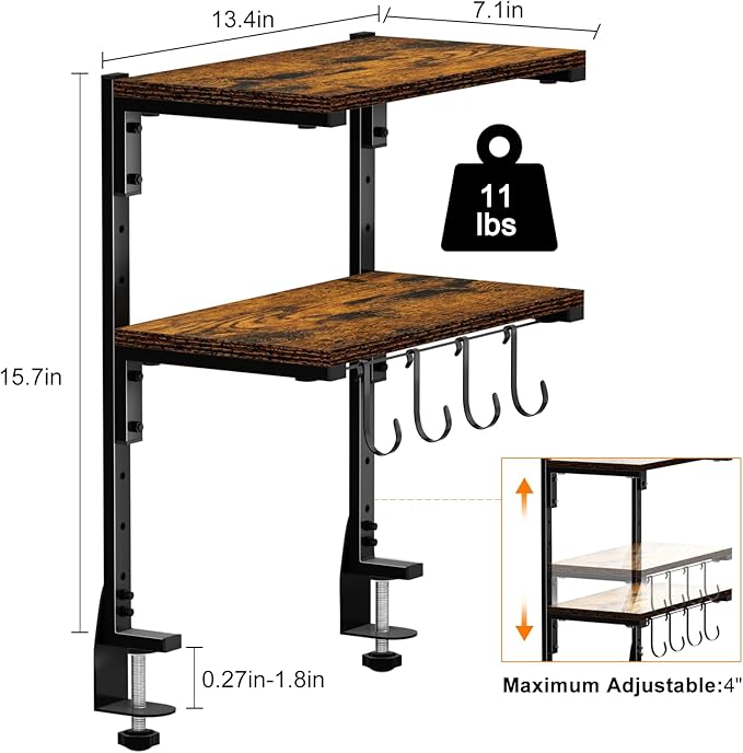 AUATRONNE Clamp-on Desk Shelf, 13 inch Above or Below Desk 2-Tier Shelving, Adjustable Metal Storage Tray for Gaming Devices or Office Desk Accessories and More, Brown, Patent Pending