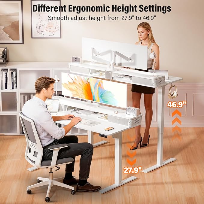 Kingant 48 x 24 Inch Electric Standing Desk with Dual Drawers, Height Adjustable Sit to Stand Computer Desk with Storage Shelf and C-Clamp Mount Compatibility for Home Office, White