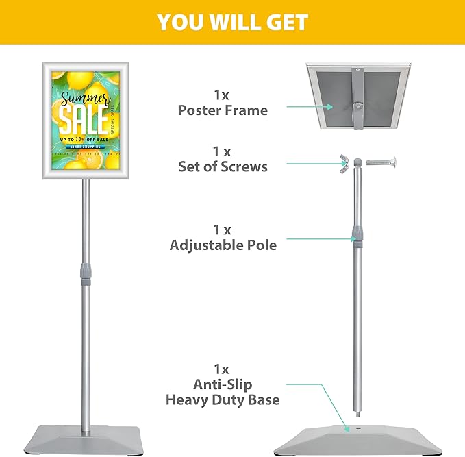 VAIIGO 8.5"x11" Pedestal Poster Sign Stand with Heavy Duty Base, Adjustable Sign Holder Standing Floor Sign Stand for Office,Store,School,Church,Public Sign Displayed Stands, Silver