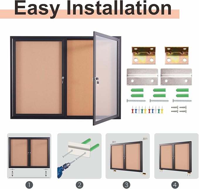 48x36 Inch Lockable Enclosed Bulletin Board, Weather-Resistant Outdoor Noticeboard with 2 Locking Doors, Wall-Mounted Black Aluminum Frame & Cork Presentation Board