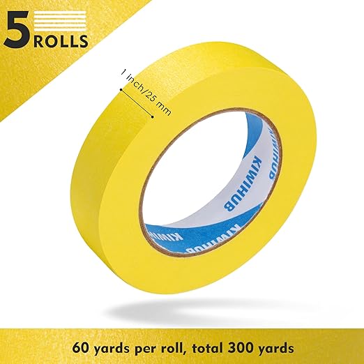 KIWIHUB Yellow Painters Tape,1" x 60 Yards x 5 Rolls (300 Yards Total) - Medium Adhesive Masking Tape for Painting,Labeling,DIY Crafting,Decoration and School Projects