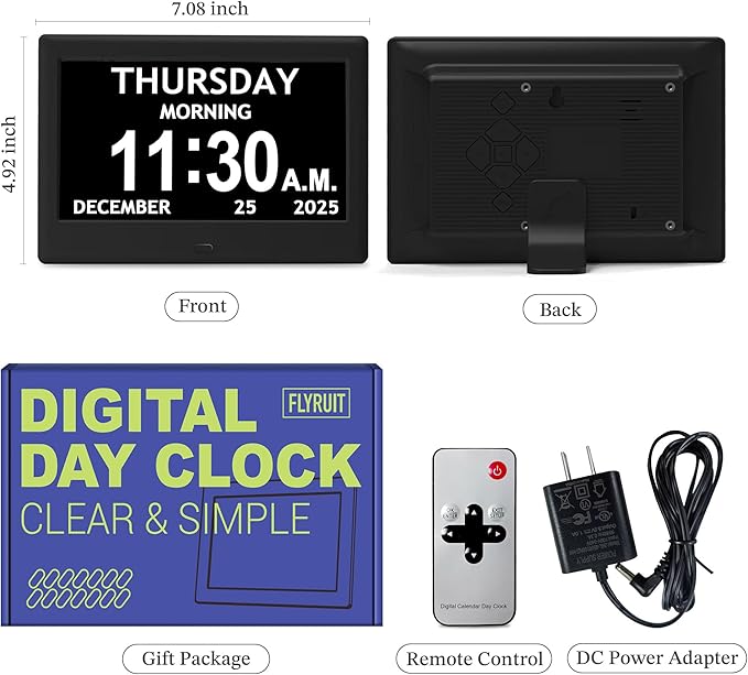 7'' Dementia Clock For Seniors, Large Display Digital Clock With Date, Time, Day Of Week for Elderly, Memory Loss, Alzheimer, 1024*600P HD, 10 Reminders & 6 Alarms, Auto Dimming & DST, Remote Control