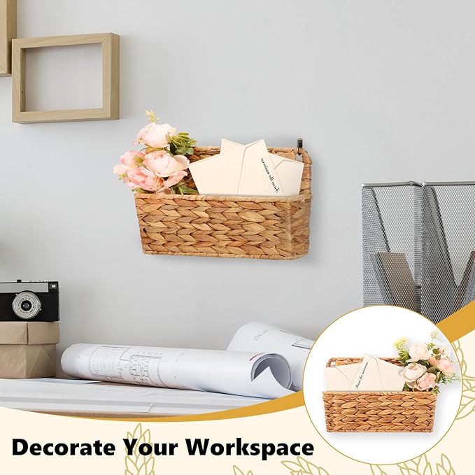 2 Pcs Woven Mail Holder Wall Mount Basket Rattan Wall Letter Holder Wicker Hanging Magazine Rack Water Hyacinth Magazine Basket Wall File Folder Hanging Storage Basket with Hooks for Envelope Office