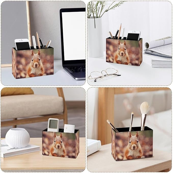 Famame Autumn Fall Squirrel Pencil Holder for Desk, Leather Desktop Container Pen Cup Storage Study Table Pen Organizer Makeup Brush Holder for Classroom Office Home