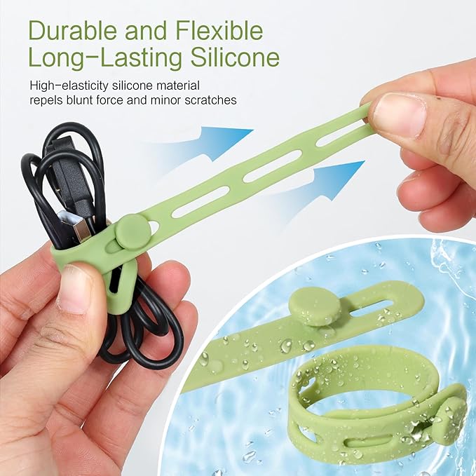 Donruby 24Pcs Silicone Cable Ties - Reusable & Washable with Locking Buckles, Adjustable Fastening Cable Management Straps, Multi-Purpose High Elasticity Cord Organizer (Matcha Green)