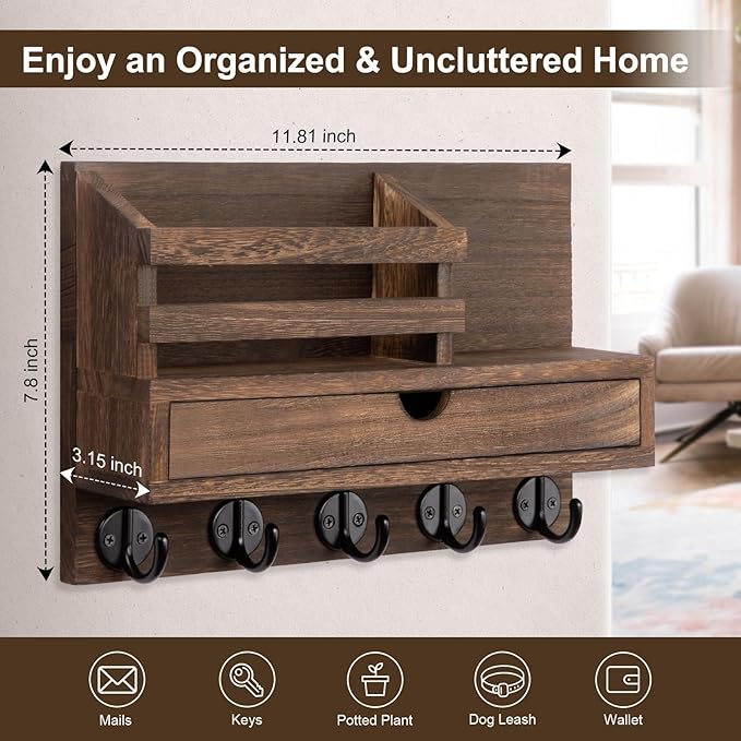 Lucundm Key Holder Wall Mount, Mail Holder with Storage Drawer and 5 Key Hooks for Coat, Dog Leash, Home Decor Rack, House Accessories, Entry Way Organizer