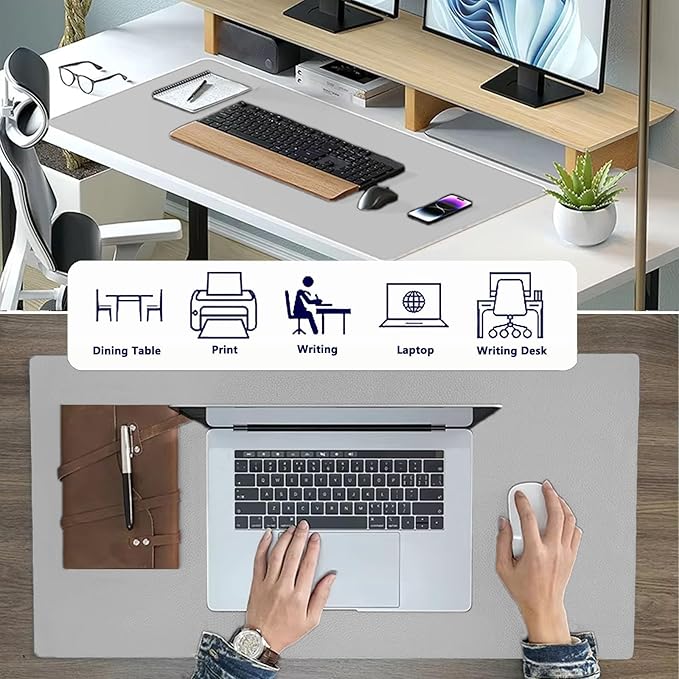 PU Leather Desk Pad Protector Gaming Mouse Pad Non Slip Desk Mat for Keyboard and Mouse Waterproof Desk Writing Pad for Office and Home Desk Accessories(Gray, 47.2 * 17.7)