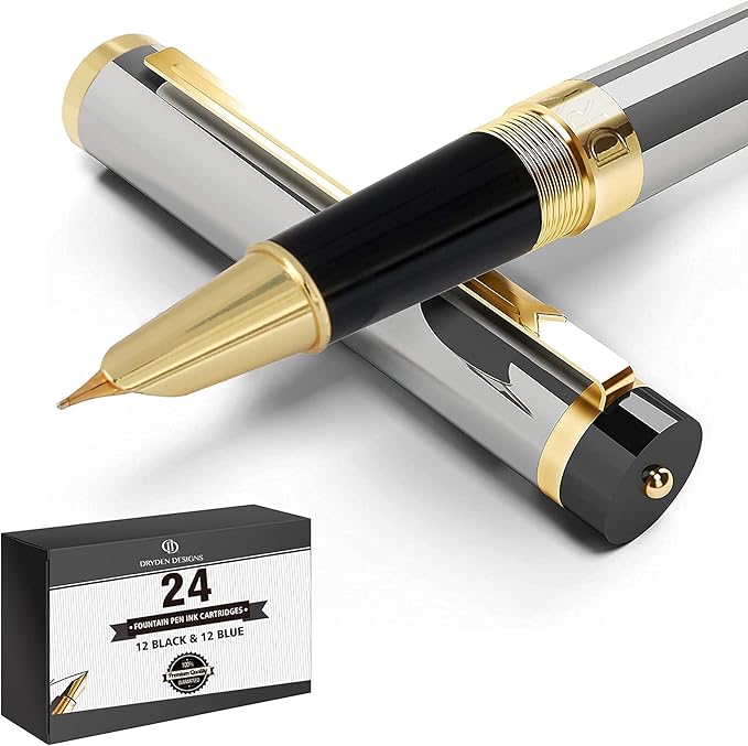 Dryden Designs Fountain Pen - Medium and Fine Nibs - Metallic Silver - Includes 24 Ink Cartridges - 12 Black and 12 Blue.