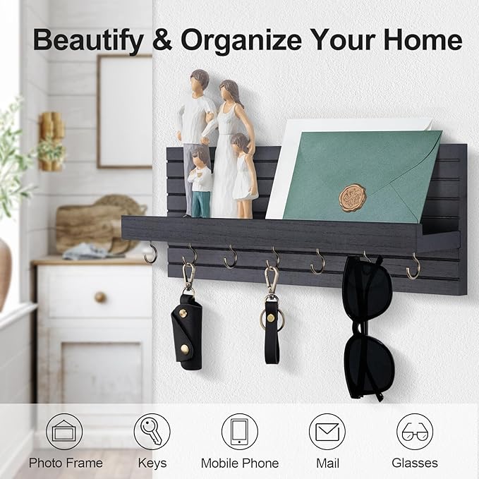 Lwenki Decorative Key Holder for Wall with Shelf, Entryway Shelf with Hooks Holds Leashes, Jackets and Glasses – Sturdy Wood Keyholder Entrance Hanger with Mounting Hardware (Black, Large)