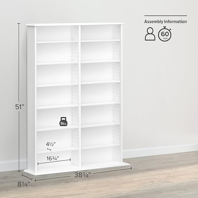 Prepac 2 Column Display Cabinet, White and Tall Storage Cabinet with 14 Adjustable Shelves for DVD Storage, 8.75" D x 38.75" W x 51" H, WMA-0640