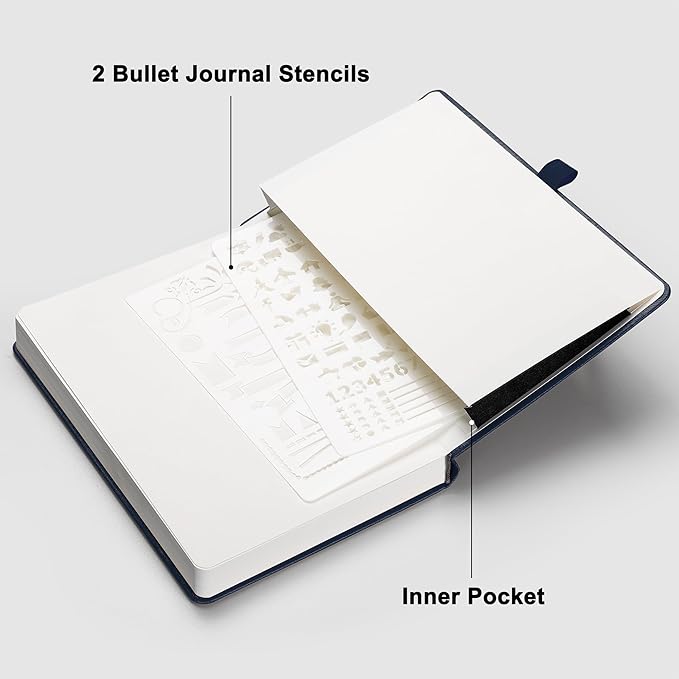 RETTACY Bullet Dotted Journal Notebook, 256 Pages, A5 Medium Size (5.7'' × 8.3''), Leather Hardcover, 120 GSM Thick Paper, for Bullet Journaling, Planning, Tracking (Navy Blue)