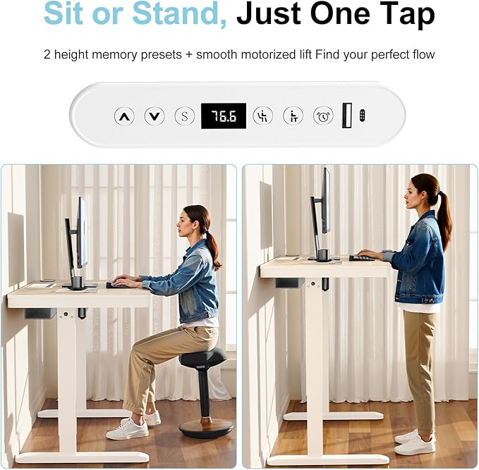 ERGO COLLECT Electric Standing Desk 48 Inch - One-Piece Desktop with Drawer, Cable Management, Wireless Charging & USB Port, Quiet Motor - for Home Office, Light Wood