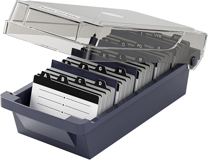 MaxGear Business Card Holder Desk, Large Plastic Business Card Organizer Box with Lid, Credit Cards Holder File Storage Case for Office & Home, Holds 500 3.5” x 2.2” Cards with A-Z Index Tabs, Gray