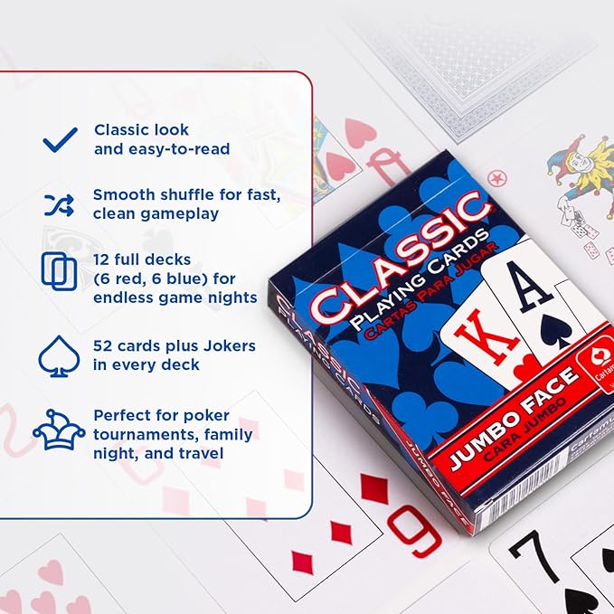 Classic Playing Cards 12 Pack, Jumbo Index, Red and Blue Casino Quality Bulk Playing Card Decks, Bulk Playing Cards for Poker, Black Jack, Euchre, Card Games, and Family Game Night