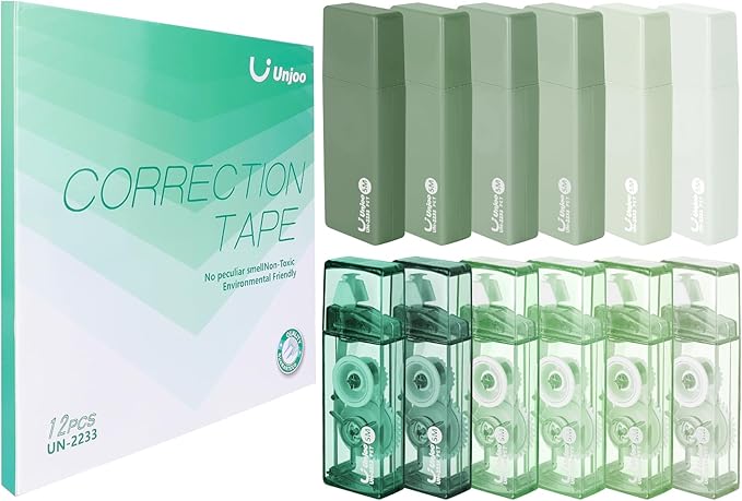 Unjoo White Correction Tape, Easy To Use Applicator for Instant Corrections, For school, Office Workers (Gradient Green, 5M/196" x 0.2",12pack)
