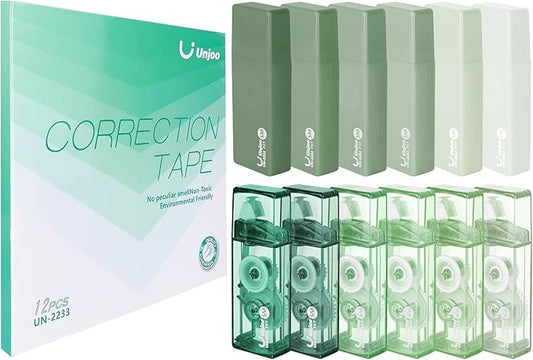 Unjoo White Correction Tape, Easy To Use Applicator for Instant Corrections, For school, Office Workers (Gradient Green, 5M/196" x 0.2",12pack)