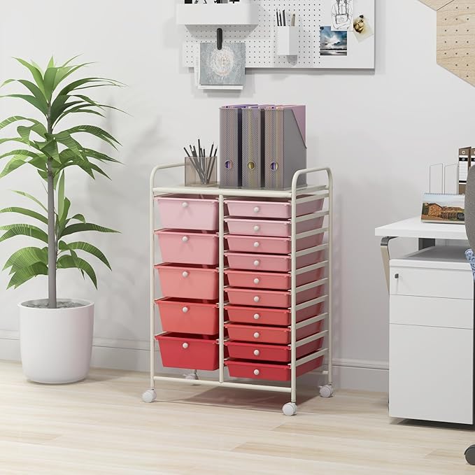 GLACER 15 Drawers Rolling Cart, Storage Cart with w/Removable Drawers & Steel Frame, Multipurpose Organizer Cart w/Sleek Handle, Utility Cart on Lockable Wheels for Home, School, Office (Pink)