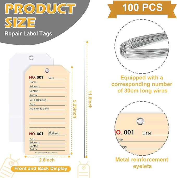100 Pack Red Repair Tags with Wire Rope Service Repair Tags Numbered with Wire Durable 2.6 x 5.25 Inch Labels for Production Equipment Maintenance Price Notice (100, White, 2.6x5.25in)