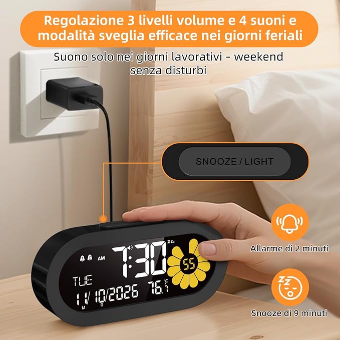 DOOMAY Digital Alarm Clock for Bedroom: Dual Alarm Bedside Clock VA LCD Display with Seconds, 9-Minute Snooze and Weekend Mode, 3 Brightness, 4 Alarms and 3 Volume Levels，Type C & Battery Included
