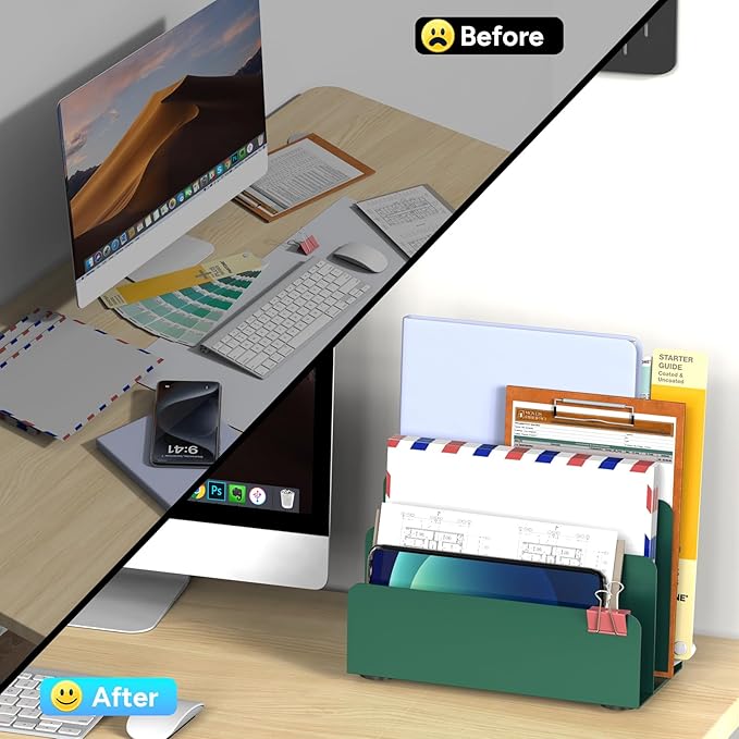 OUTIOE Mail Organizer Countertop, Small Desk File Organizer, Metal File Holder - Essential Workspace Organizers for Office Desk, Home Office (Green)