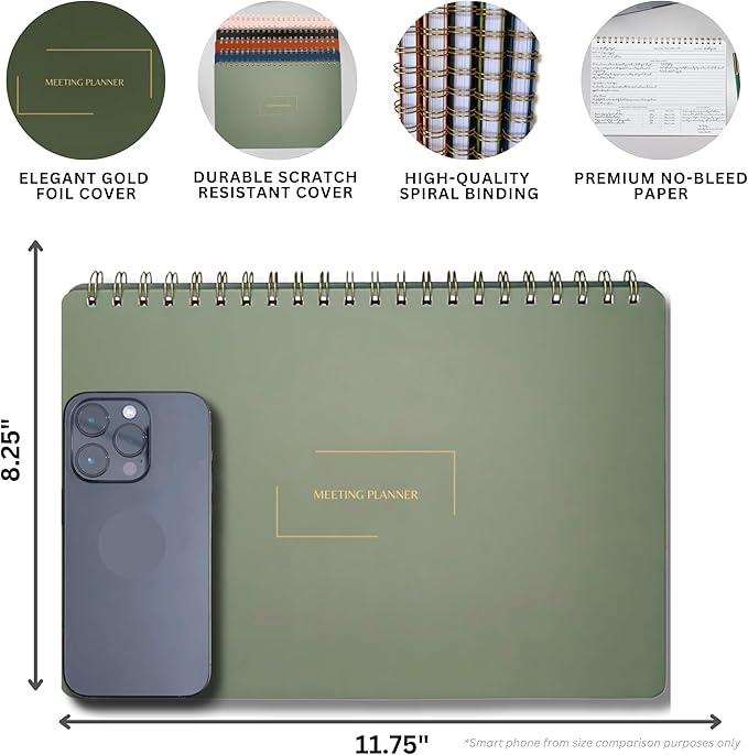 Merely Home | Meeting Notebook for Work | 8.25" x 11.75" | Project Planner | Simple Design | Multiple Layouts | Office and Business Planner (Evergreen, Meeting Planner - Landscape)