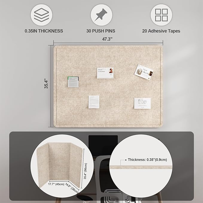 Large Felt Bulletin Board for Wall, 48"x36" Frameless Picture Board, Soft Felt Cork Board for Office, Home Planning & Office Wall Decor, Easy Install Pin Board(Beige)