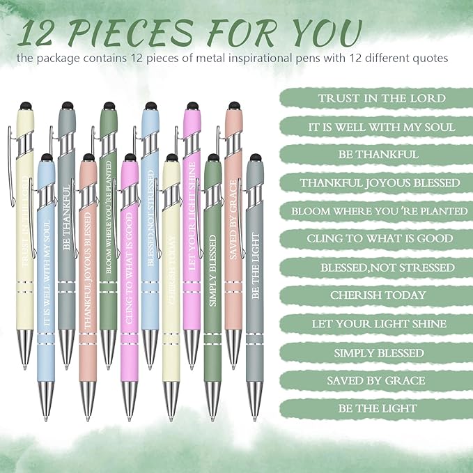 Zonon 12 Pcs Inspirational Pens Bulk Funny Ballpoint Pen with Stylus Tip Motivational Gifts for Valentine's Day Teacher Coworkers Nurse School Office Supplies(Morandi,Bible Style)