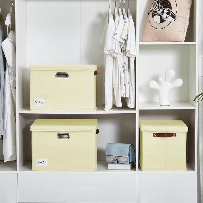 Roobyl 17" Large Collapsible Storage Bins with Lids, Stackable Closet Organizers with PU Handle and Labels, 3-Pack Decorative Fabric Storage Boxes for Home, Bedroom, Closet, Office, Nursery(Beige)