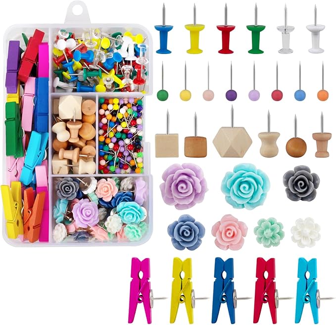 Push Pins，LYroo 200 Pcs Flower Thumb Tacks Wood Pin Board Map Tacks Marking Pins Assorted Colors Push Pin Clips for Cork Board Cute Desk Decor Accessories for Women Office Teacher Supplies