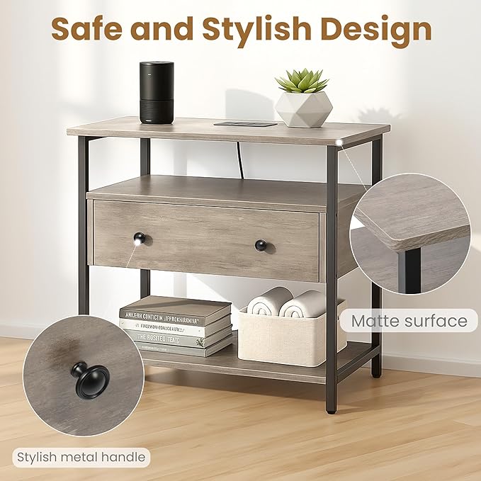 Edbuosy 27 Inch Wide Night Stand with Charging Station, Wood Nightstand with Open Shelf, Large Drawer Bedside Table for Living Room/Bedroom/Office (Rustic Gray)