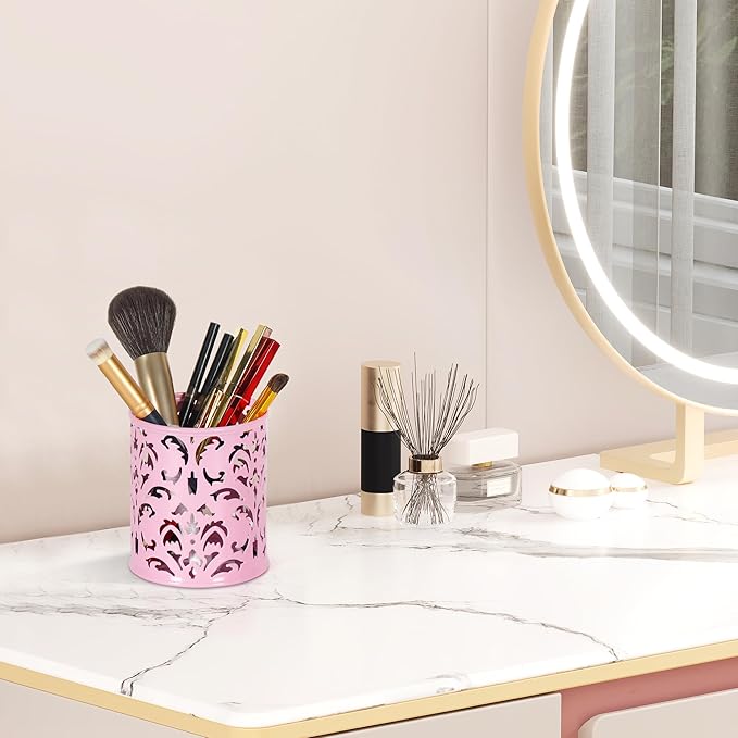 EasyPAG Pink Pen Holder for Desk, 2 Pack Round Pen Organizer, Brush Holder for Vanity, Metal Pencil Cup Organizer for Home, Office, Classroom, School