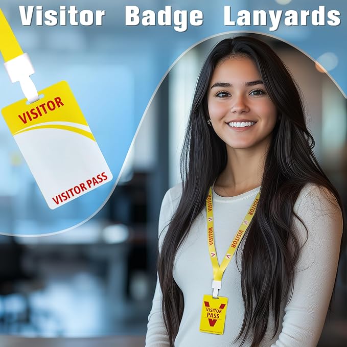 Visitor Badge Lanyards Volunteer Badge Holder with Clips (25 pcs) - Reusable Temporary ID Pass for Office, School, Events PVC Plastic Security Cards for Exhibition Guest by OSTENBIG (Yellow)