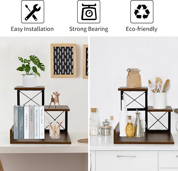 Jolitac Wood Desktop Shelf, Desktop Organizer Office Storage Rack Adjustable Wood Display Shelf 3 Tier Storage Display Rack Office Decor Stand Shelves with Metal Frame (Brown)
