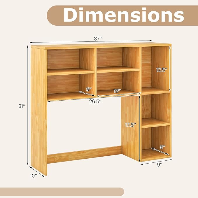 Tangkula Desktop Bookshelf, 37" Countertop Storage Hutch with 7 Cubes & 3 Adjustable Shelves, 3-Tier Desk Display Rack Organizer, Multipurpose Wood Desktop Hutch for Dorm Home Office (Burlywood)