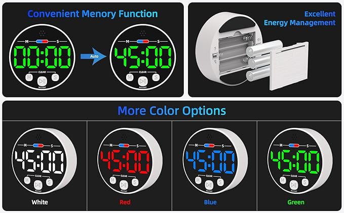Large LED Digital Timer, Magnetic Countdown Loud Timer for Kitchen Cooking, Classroom Whiteboard, Kids, Toddler, Game, Productivity, Focus, Work, Task, Office, Meeting – Small, Simple, Visual, Green