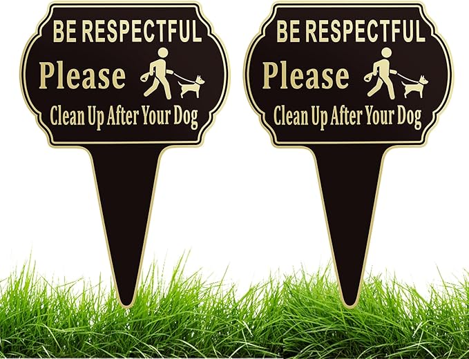 2 Pack Clean Up after Your Dog Signs Pick Up After Your dog sign 13.6"x9.6" with Integrated stake Double Side Printed- Be Respectful, No Dog Poop and Pee Stop Dogs from Pooping/Peeing On Your Lawn/Garden