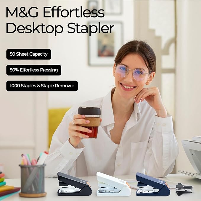 M&G Effortless Stapler 50 Sheet Capacity One-Touch Stapling, Heavy Duty Desktop Stapler Includes 1000 Staples and Remover, Portable Handheld Staplers for Home Office (Black)
