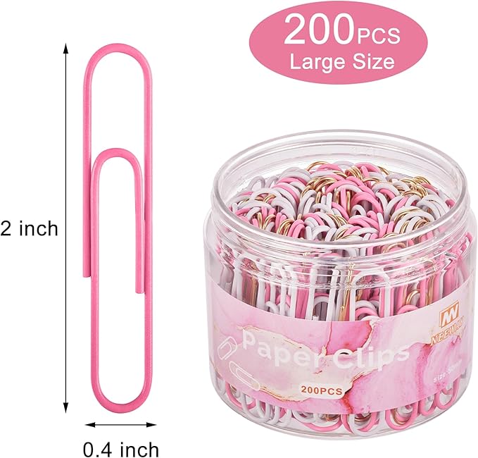 NEEWAY 200pcs Large Pink Paper Clips, 2 Inch Jumbo Paper Clip, Ceative Colored Paperclips for Paperwork Office School and Personal Use