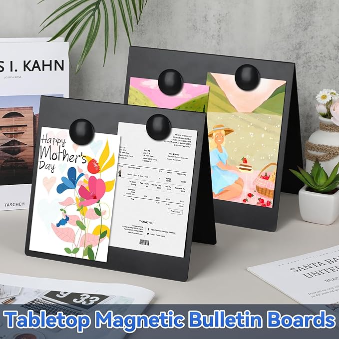 2 Pcs 8x8inch Magnetic Bulletin Board with 4 Magnets, Metal Magnet Display Board, Tabletop Memo Board, Memo Display Easel Stand for Home Kitchen School Office