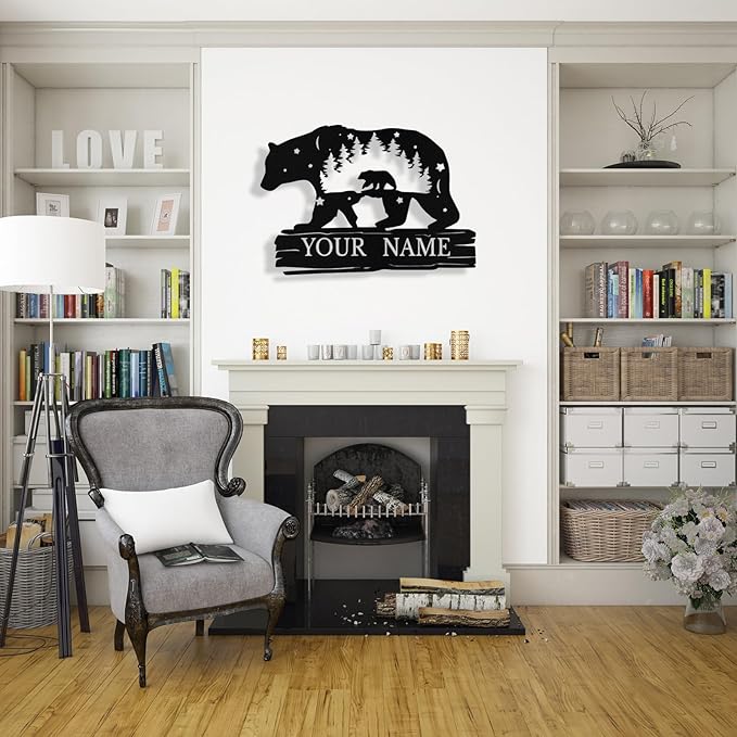 Custom Bear Metal Sign, Custom Bear Metal Wall Art Decor, Personalized Last Name Signs for Home, Rustic Farmhouse Black Wall Decor for Cabin, Bedroom, Living Room, Porch