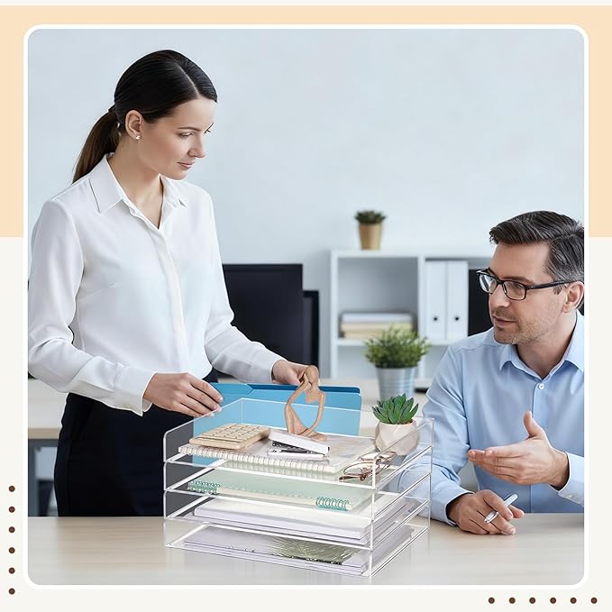 Harloon 4 Tier Acrylic Paper Tray 13 x 10 x 1.7 Inches Stackable Letter Clear Organizer No Need to Assemble Acrylic Paper File Organizer for Office Workspace Desktop Storage (Transparent)