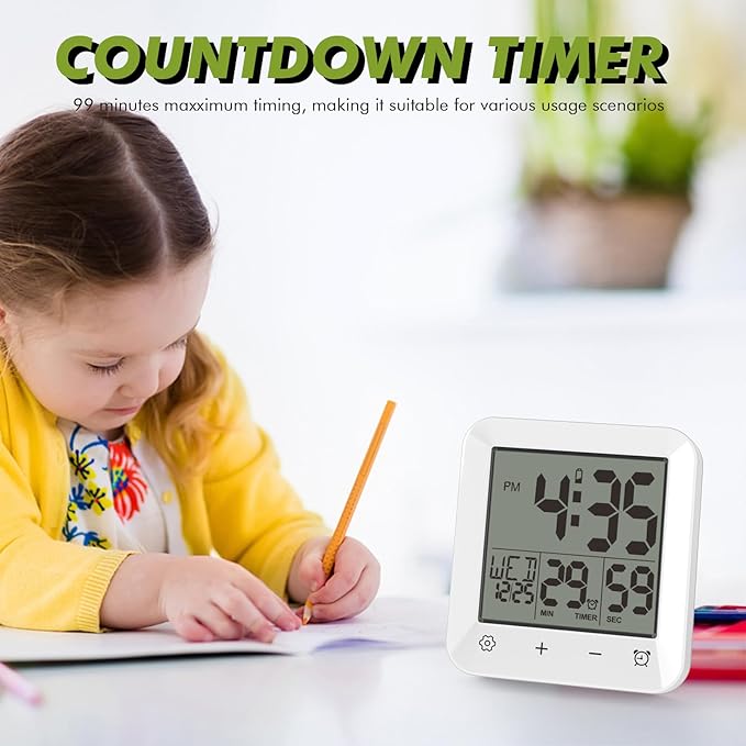 Wisoee Digital Shower Clock Waterproof, Bathroom Wall Clock Timer with Touch Screen, Temperature, LCD Display, Suction Cup Hanging Hole Stand for Kids and Adults