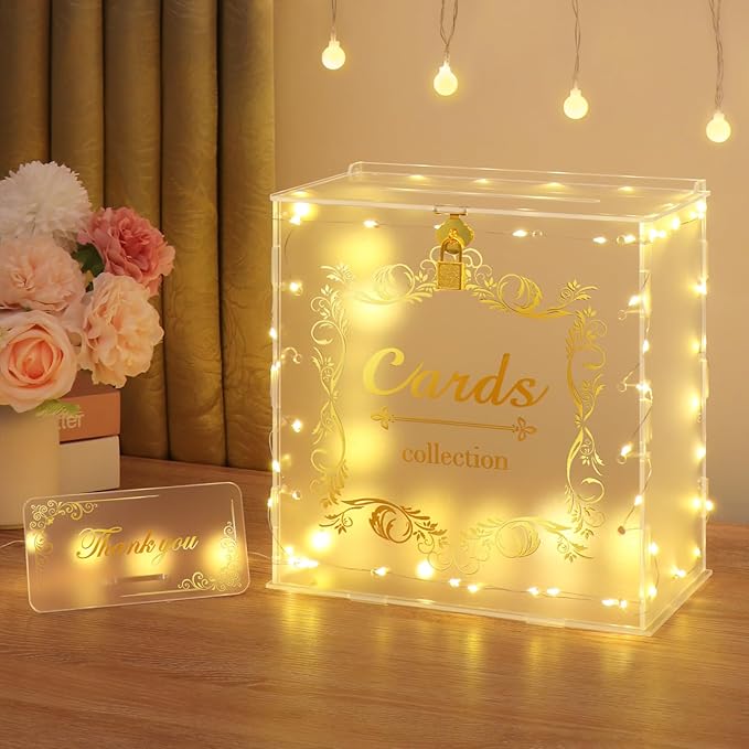 DIWNELEM Acrylic Wedding Card Box with Lock String Light Frosted Large Card Box for Wedding Letter Box Envelope Box Acrylic Gift Card Box Money Box for Party Birthday Reception
