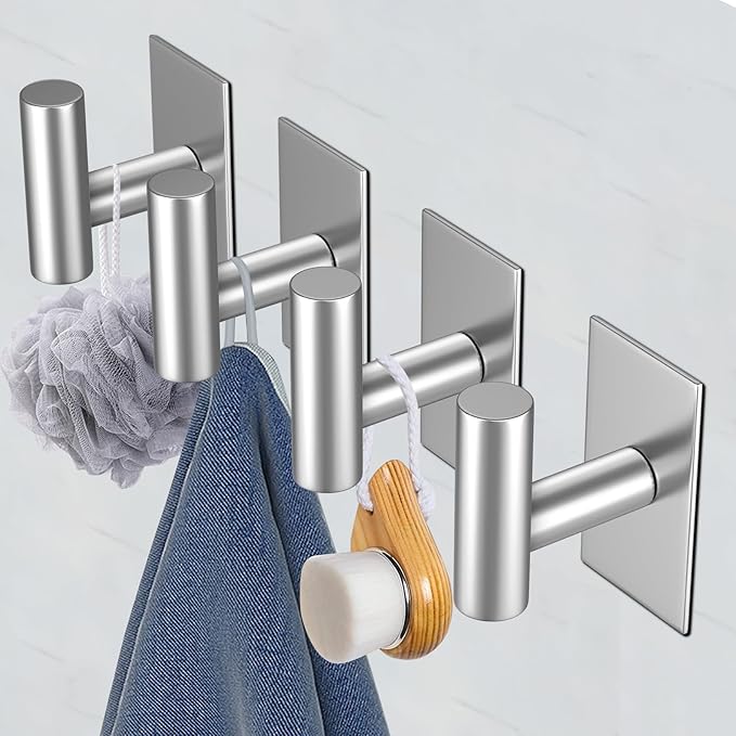 VAEHOLD Wall Towel Hooks, Heavy Duty Sticky Holder Waterproof Towel Hooks for Hanging Coat, Clothes, Closet Hook Wall Mount for Kitchen (Silver, 4 Pack) | Heavy Duty, Sticky Holder, Waterproof, Towel Hooks, for Hanging Coat, Clothes